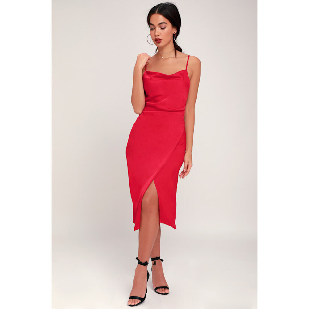 Lulus Red Satin Midi Dress: Small